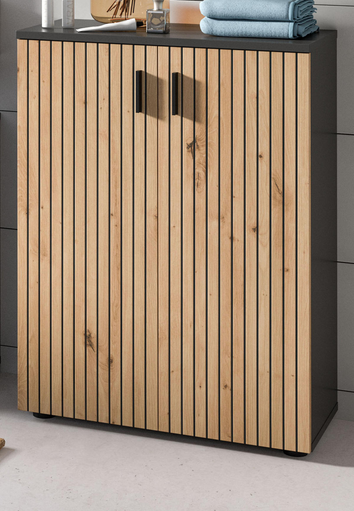 KOMMODE Eiche, grau 60 cm, Badschrank mit Rillen-Optik - Schwarz/Eiche Artisan, Holzwerkstoff/Kunststoff (60/81/30cm) - Inn.Furn