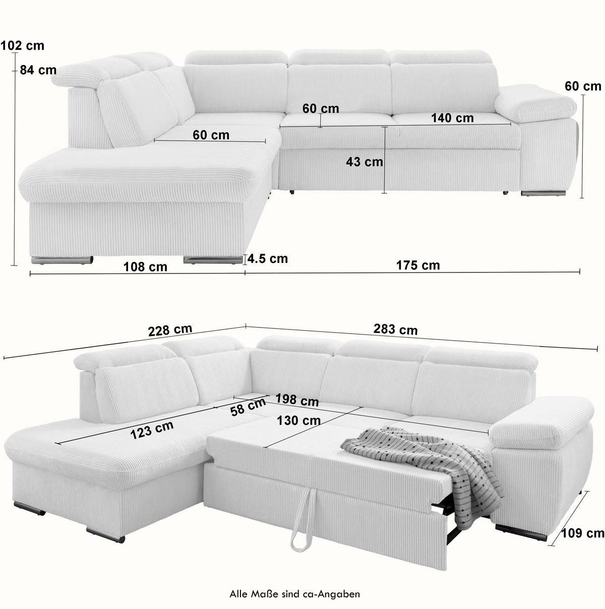 ECKSOFA mit Schlaffunktion, Bettkasten, Kopfstützen verstellbar, Wellenunterfederung, Ottomane links B283/T228/H102 cm, Cord Grau Anthrazit / 17219 - Chromfarben/Schieferfarben, Textil/Metall (283/228cm) - luma-home