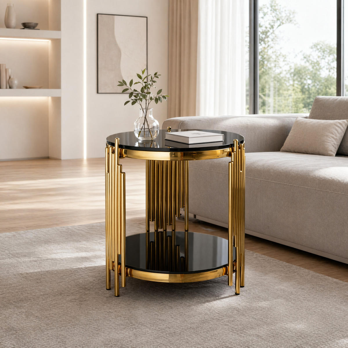 BEISTELLTISCH in Schwarz Runder Wohnzimmer für Wohnzimmer / Zuhause / Büro - Goldfarben/Schwarz, Glas/Holzwerkstoff (45/45/55cm) - STILVORA