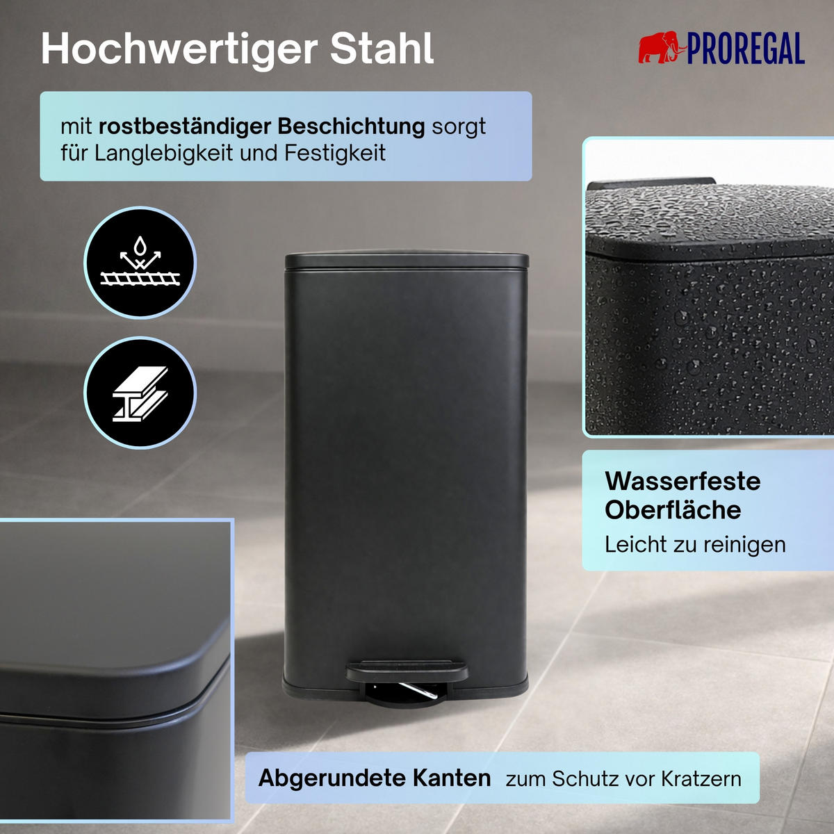MÜLLEIMER 50 Liter mit Softclose & Fußpedal - Schwarz, Metall (41.5/67.5/49cm) - PROREGAL