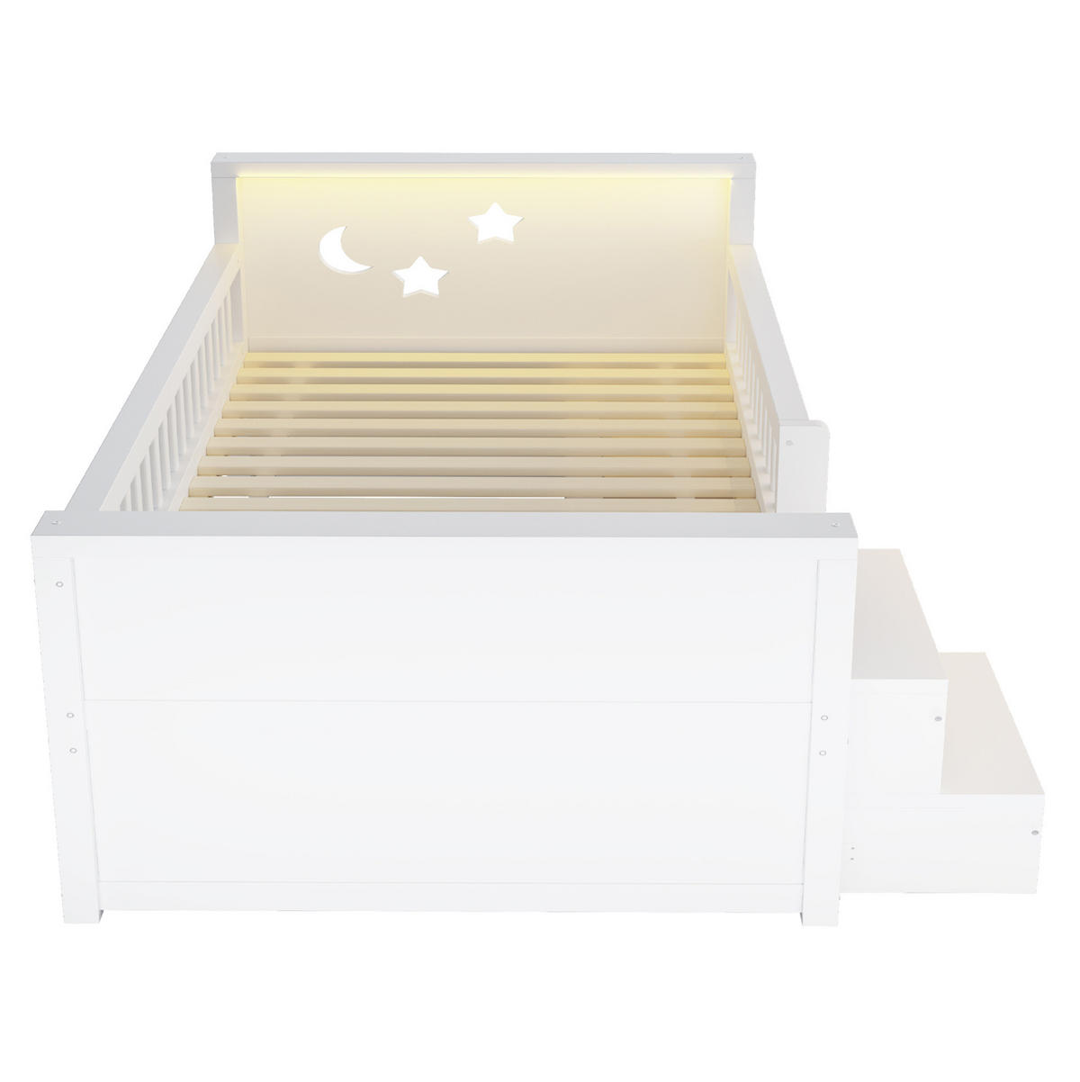 KINDERBETT Holz 90x200 cm Weiß mit LED, Sicherheitsgitter, Stufen und 4 Schubladen - Weiß, Holz (90/200cm) - Modfu