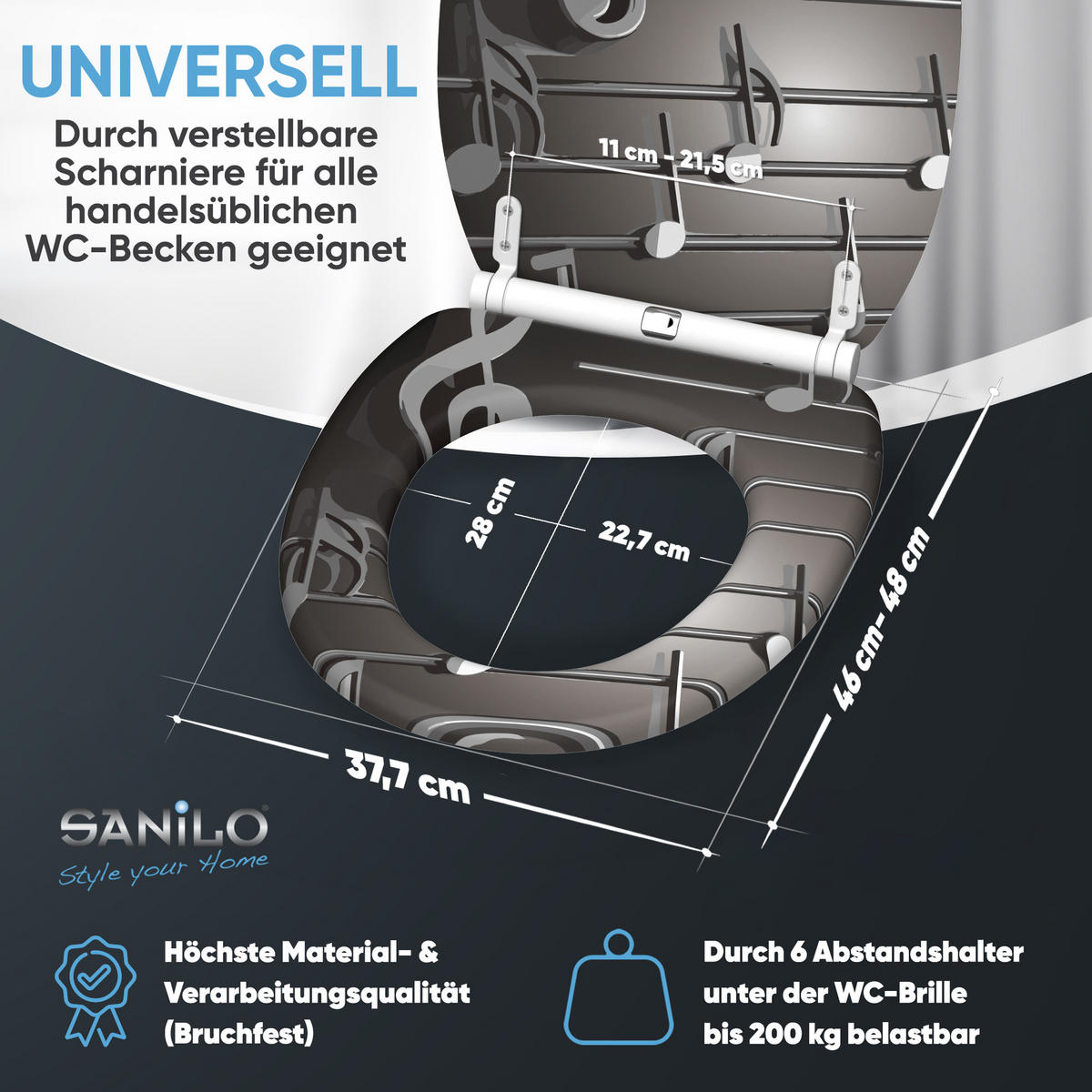 WC-SITZ Absenkautomatik Musical Notes - Grau, Holzwerkstoff (37.7/5.5/48cm) - Sanilo
