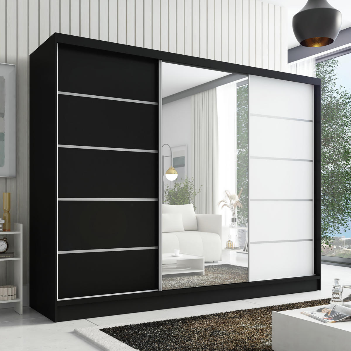 SCHWEBETÜRENSCHRANK 200 cm AURELIA 1 Farbe: Schwarz, Schwarz, Weiß - Schwarz/Weiß, Holzwerkstoff (200/215/60cm) - A&J MöbelLand