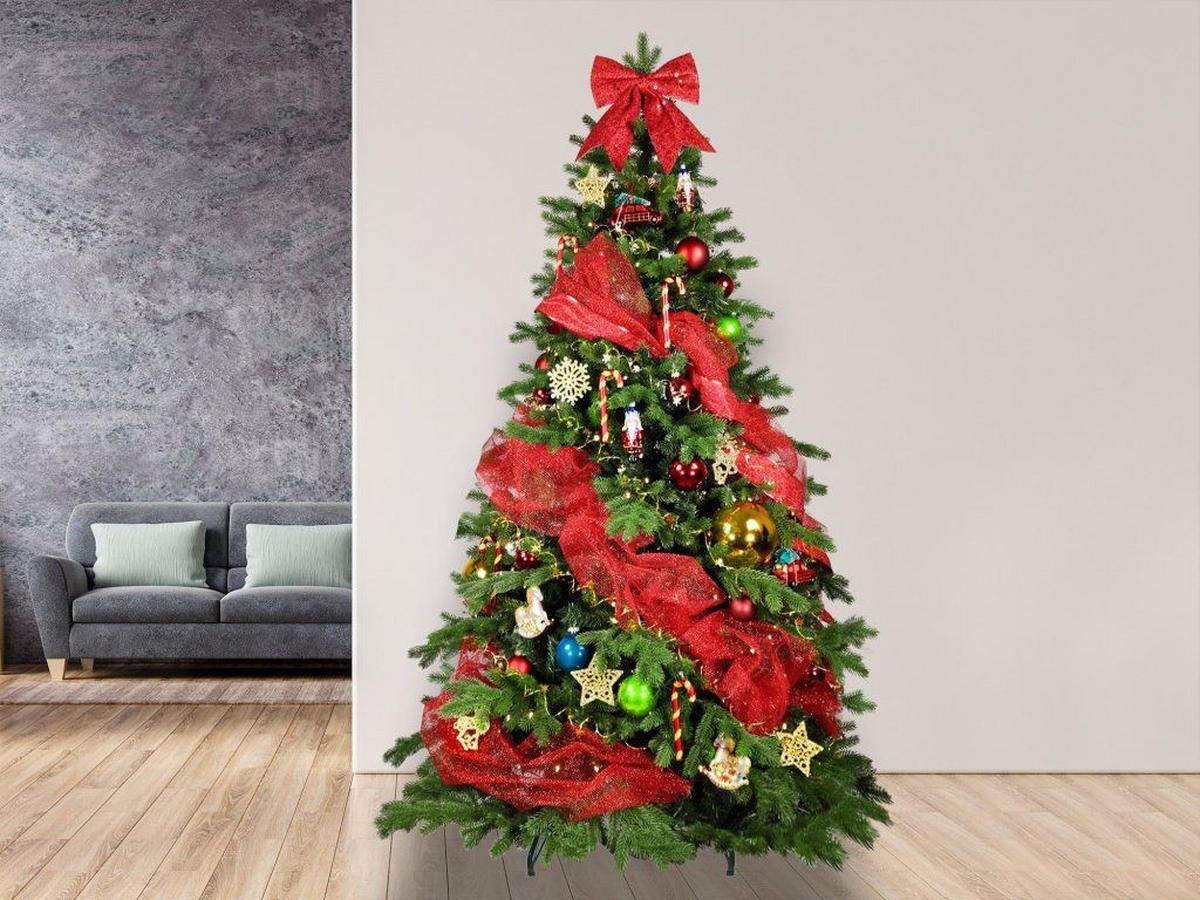 WEIHNACHTSBAUM künstlicher 270 cm, WEIHNACHTSSYMBOL, mit 152-teiligem Weihnachtsbaumschmuck, inkl. Metallständer und Aufbewahrungsbox - Blau/Rot, Kunststoff/Metall (157/270cm) - LAALU