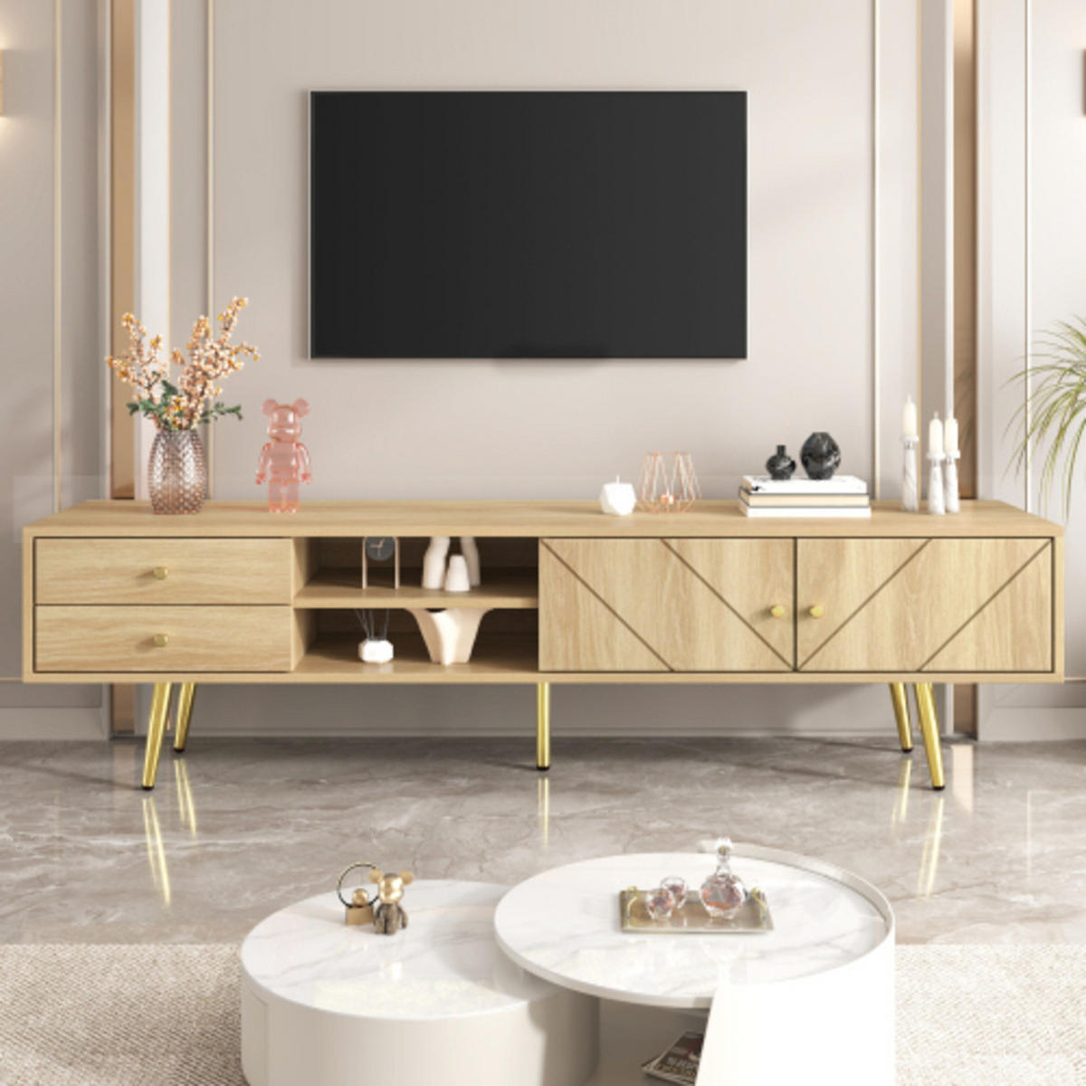 LOWBOARD Holzoptik mit schräger Rillenfront & goldenen Metallfüßen 160×36×42 cm aus MDF und Spanplatte - Zwetschgeholzfarben, Holzwerkstoff (160/42/36cm) - Luhomfu