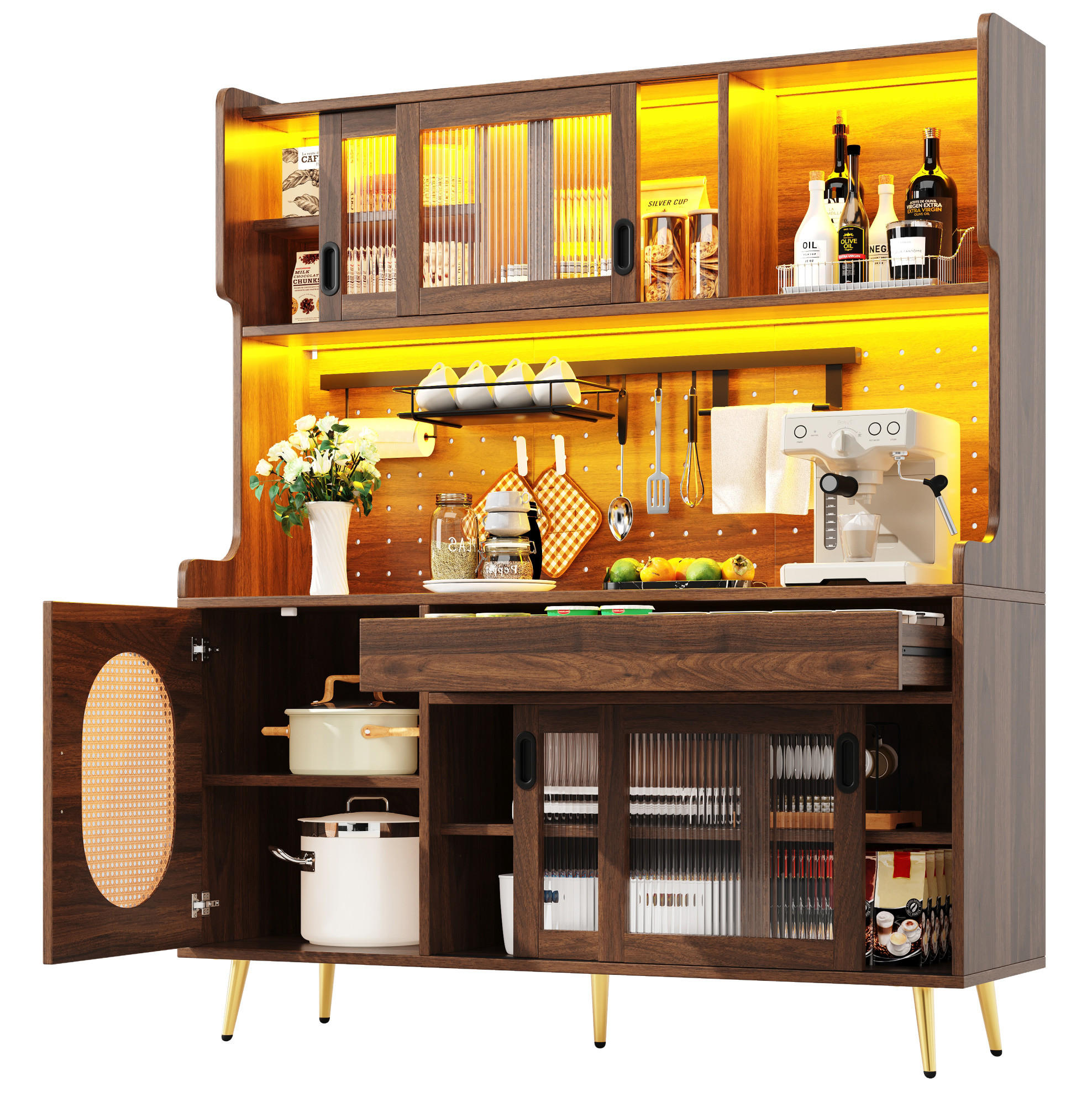 BUFFET 145/39/171 cm aus MDF mit LED-Lichtleiste Braun - Braun, Holzwerkstoff (145/171/39cm) - Modenvie