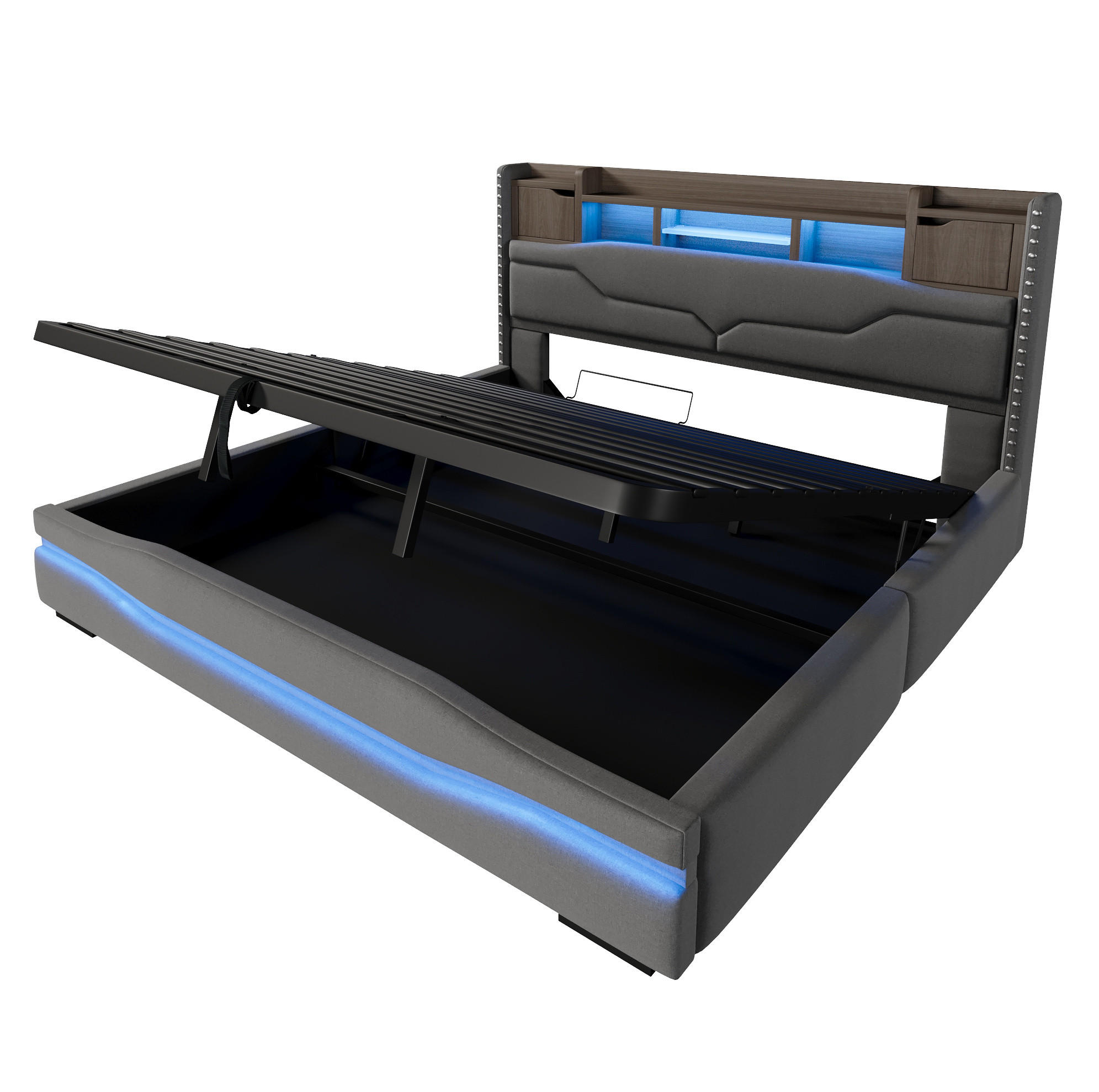 POLSTERBETT 180/200 cm grau aus Leinen mit Stauraum, LED und USB-C - Grau, Textil (180/200cm) - OKWISH