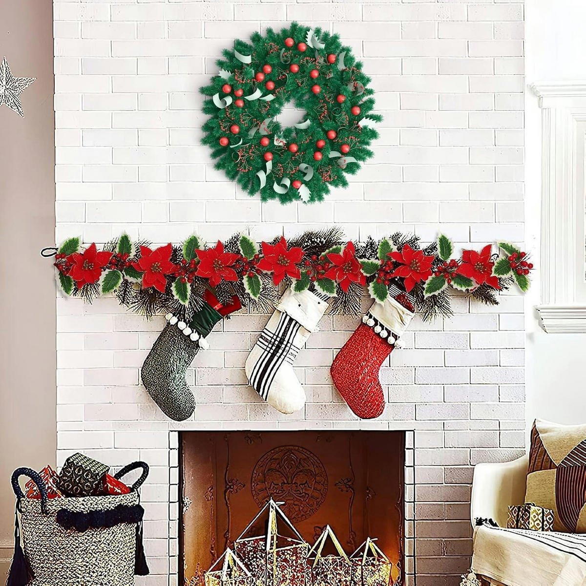 WEIHNACHTS-GIRLANDE 250 cm mit roten Blumen und Beeren - Rot, Kunststoff (250cm)