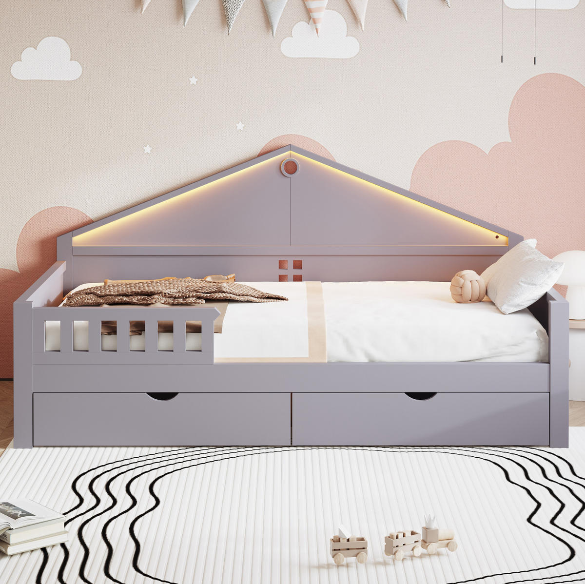 DETSKÁ posteľ 90/200 cm sivá z masívneho dreva a MDF s LED osvetlením a 2 zásuvkami - sivá, drevo (90/200cm) - OKWISH