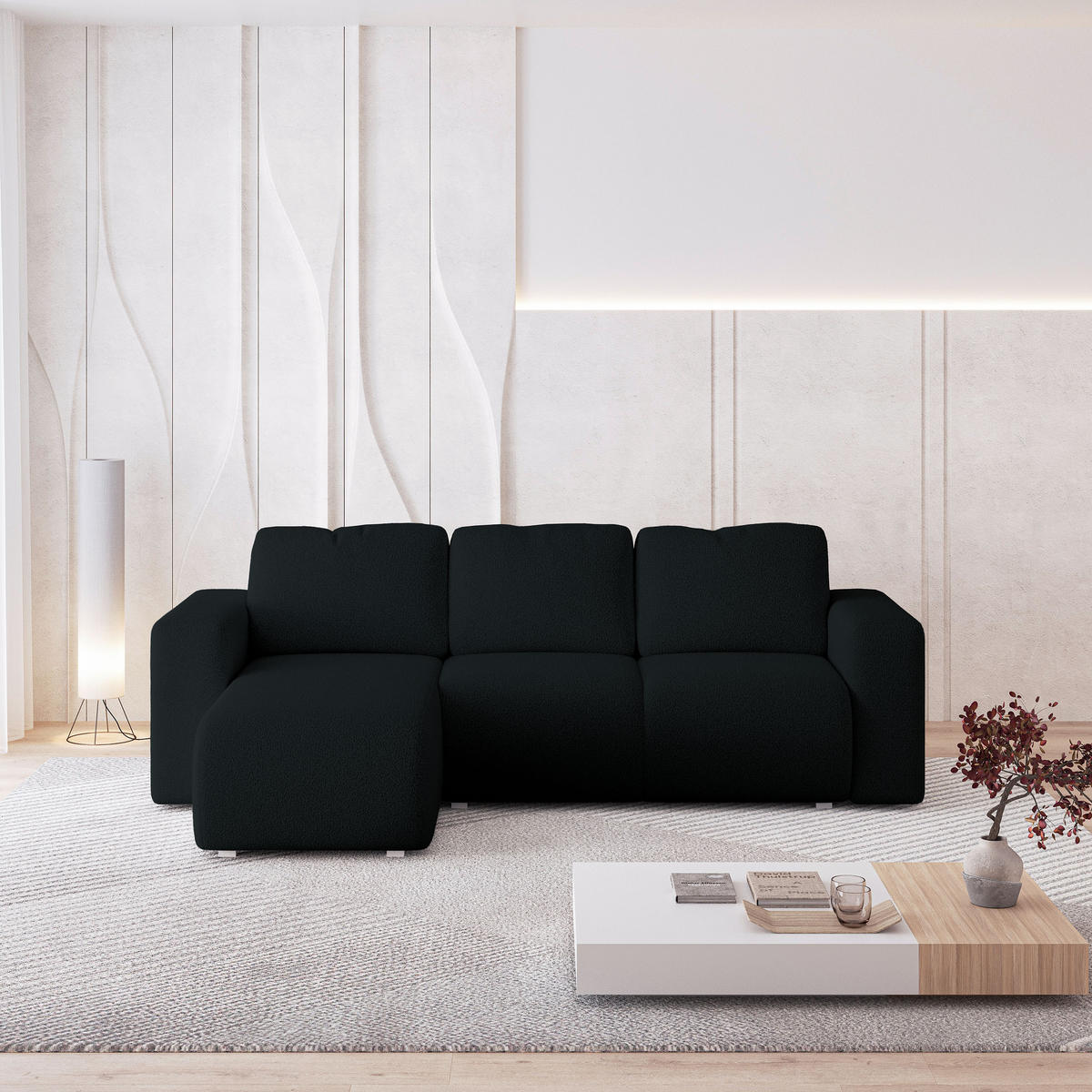 ECKSOFA RINOVA Schwarz Boucle-Stoff mit Schlaffunktion - Schwarz, Holz (250/143cm) - MASSENO