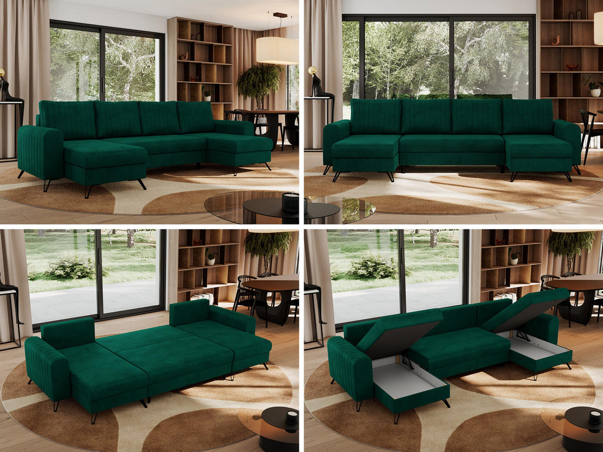 WOHNLANDSCHAFT AXEL U Velvet Dunkelgrün - Schwarz/Grün, Textil/Metall (312/90/140cm) - MKS