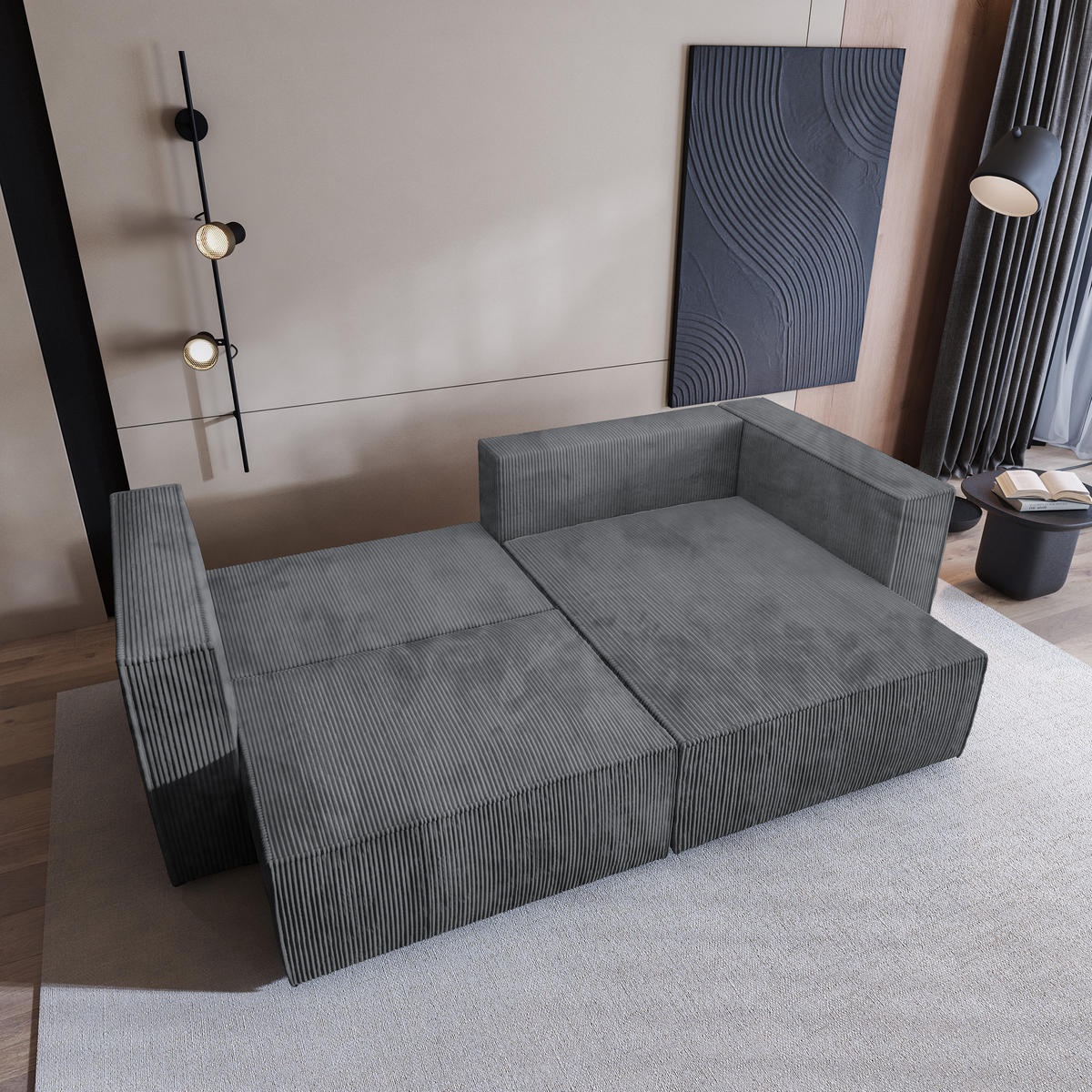 ECKSOFA NERIO P Grau Kordstoff mit Schlaffunktion - Grau, Holz (245/148cm) - MASSENO