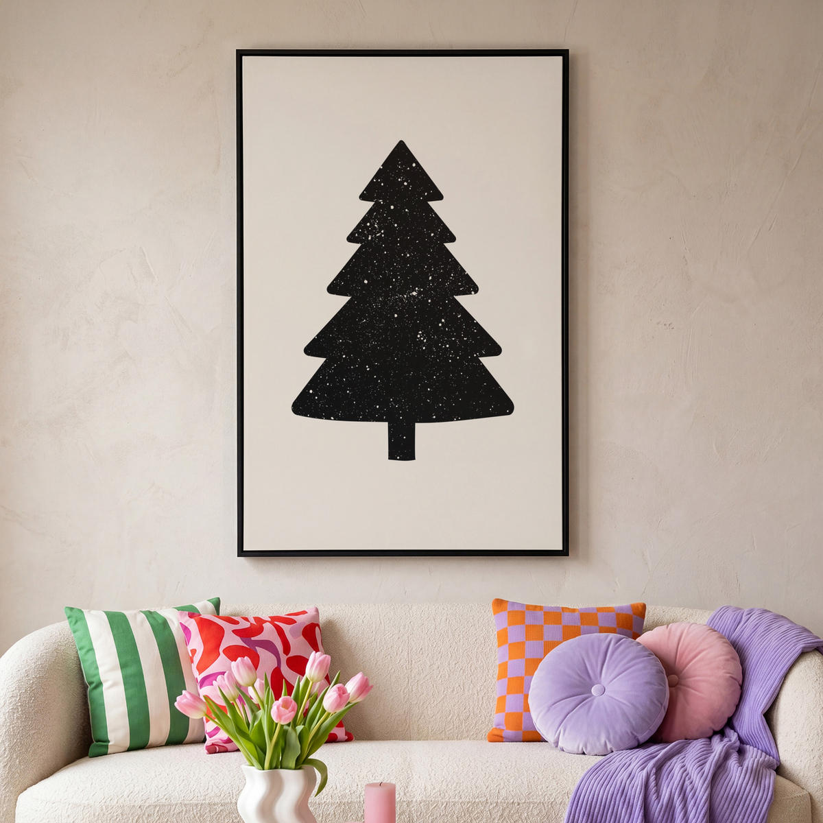 LEINWAND Bilder mit Rahmen - Weihnachtsbaum - Schwarz - Urlaub - Beige - 80x120 - Schwarz, Textil (80/120cm) - MuchoWow