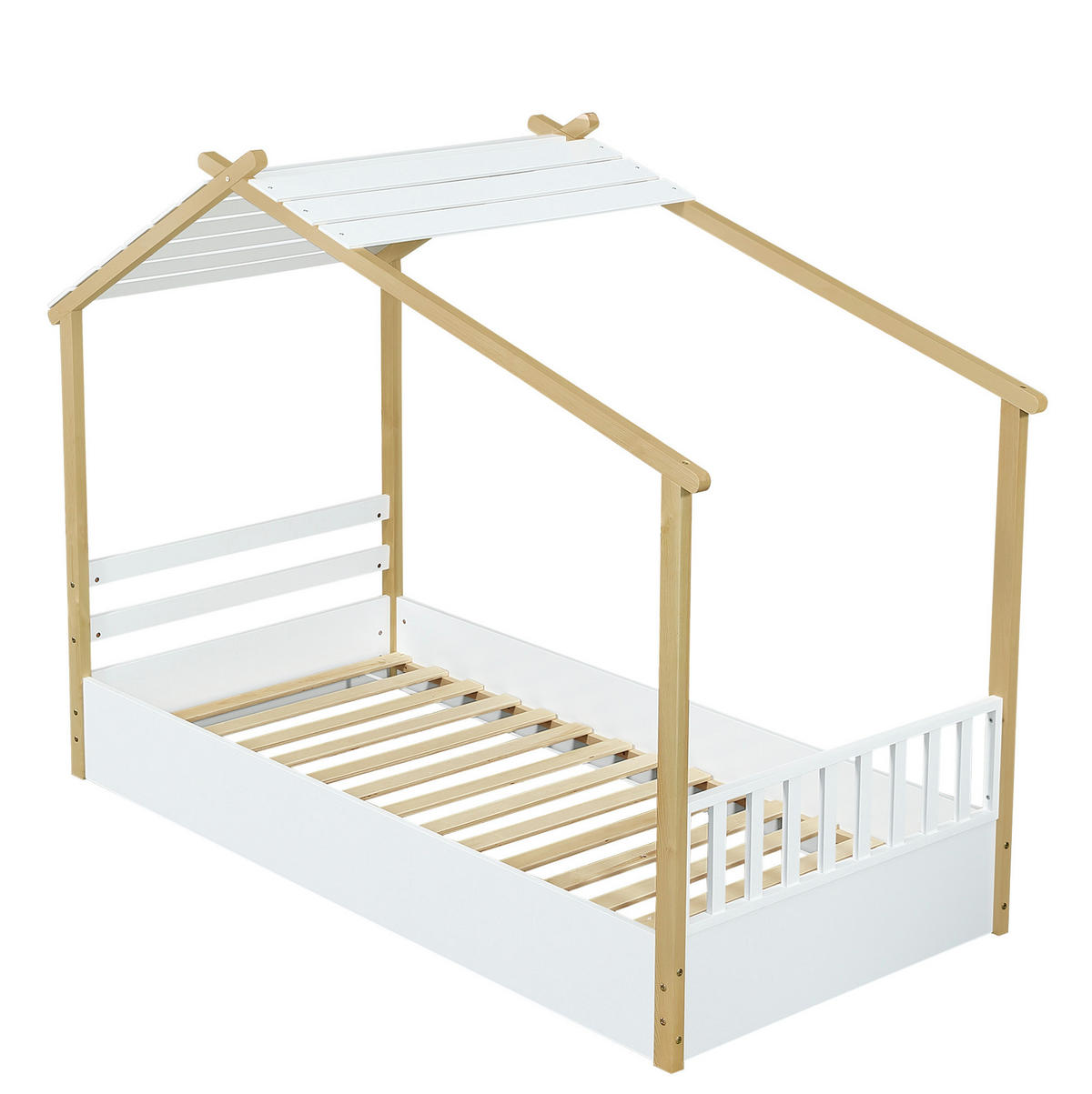 HAUSBETT aus Kiefer, Spanplatte und MDF 90x190 cm Weiß/Natur mit Lattenrost im Hausdesign - Weiß, Holzwerkstoff (90/200cm) - Modfu