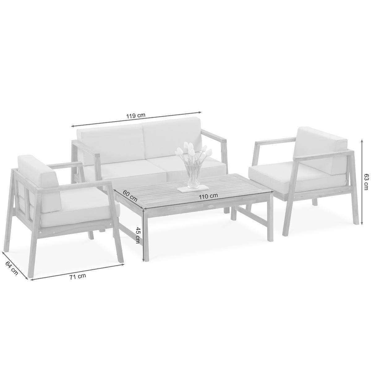 GARTENSET Viken aus Akazienholz, 2-Sitzer Sofa + 2 Sessel + Couchtisch, Hellgrau - Hellgrau, Holz - Beautysofa