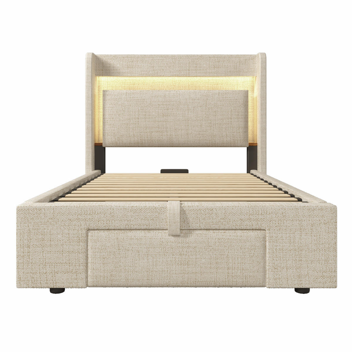 POLSTERBETT aus Leinen 90x200 cm Beige mit Stauraum, LED-Beleuchtung, USB- und USB-C-Anschluss - Beige, Textil (90/200cm) - IVMEU