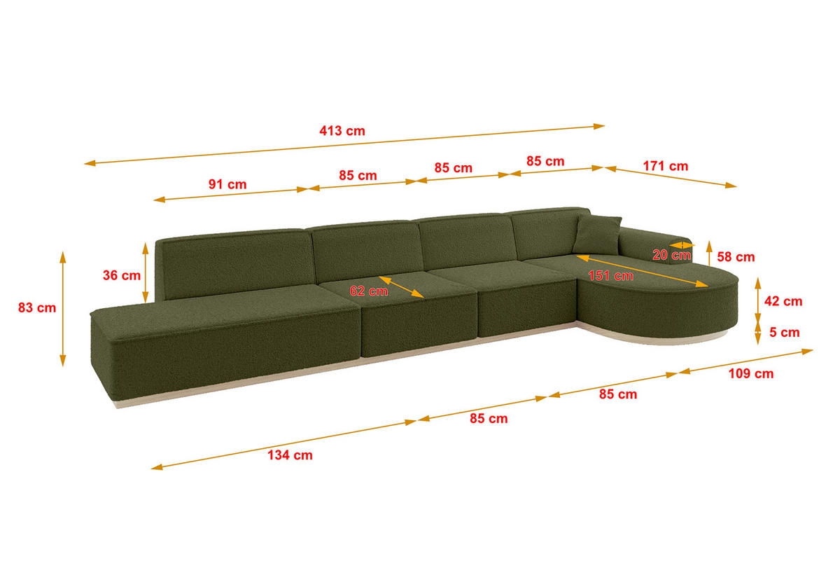 ECKSOFA Ottomane Rechts ARRIO-L3 - 413x171x83 cm Grün - Grün, Holzwerkstoff/Textil (413/171cm) - ALTDECOR