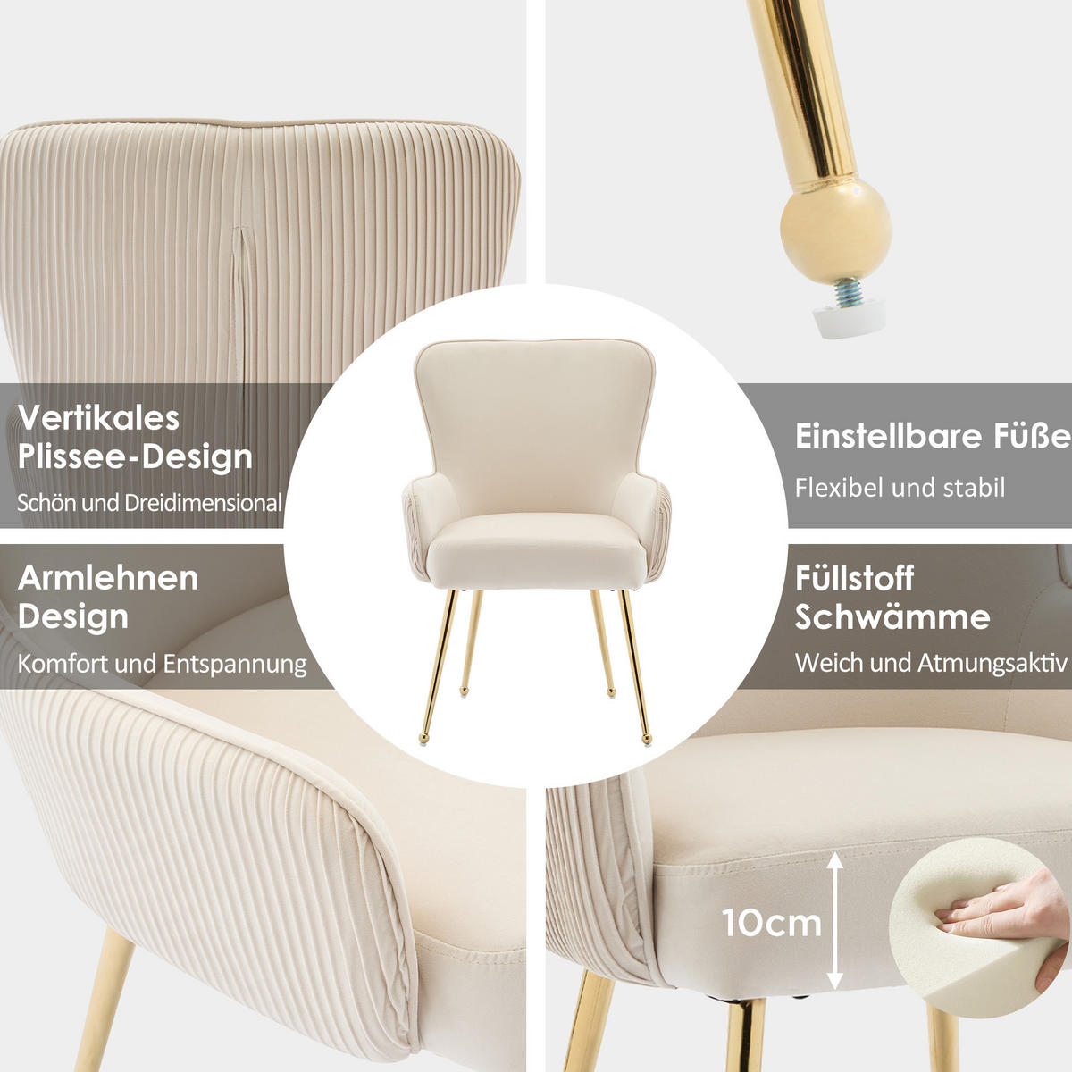 ESSZIMMERSTUHL 2er Set Samt Lounge Beige Gold Armlehnen - Multicolor, Textil (59.5/87/57cm) - FLIEKS