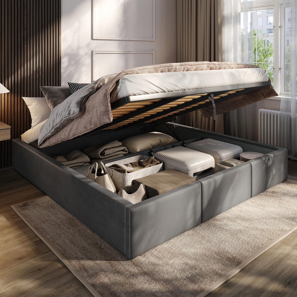 POLSTERBETT für Schlafzimmer Bett mit Stauraum Graphit 180x200cm - Graphitfarben, Holzwerkstoff/Textil (180/200cm) - Muralo