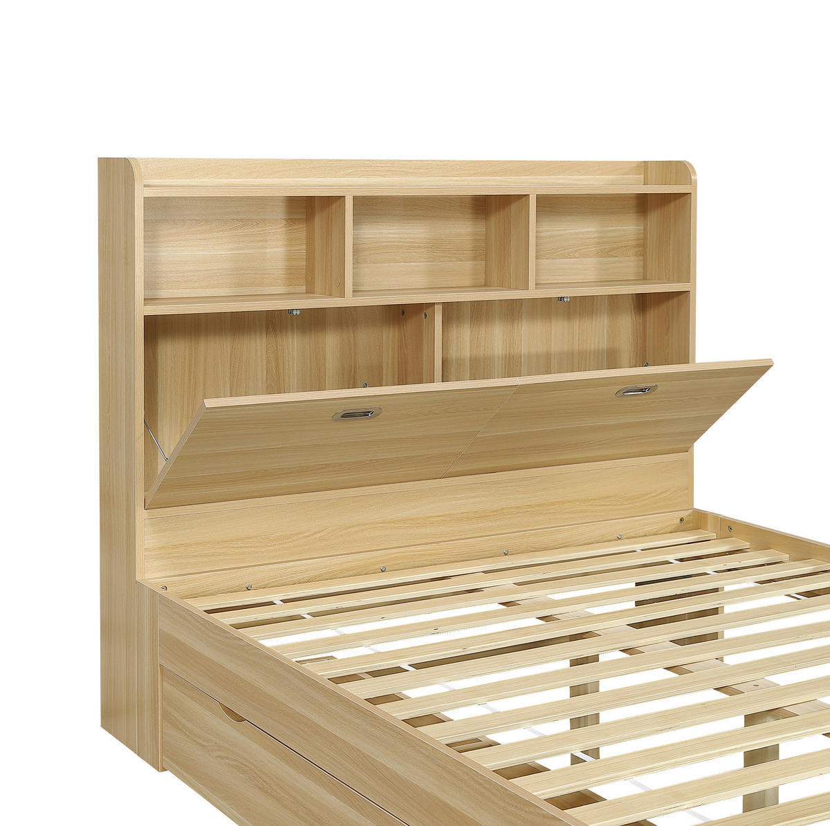 JUGENDBETT 140x200 cm in Natur mit Stauraum, Klapptisch und Kopfteilregal - Naturfarben, Holz (140/200cm) - IVMEU