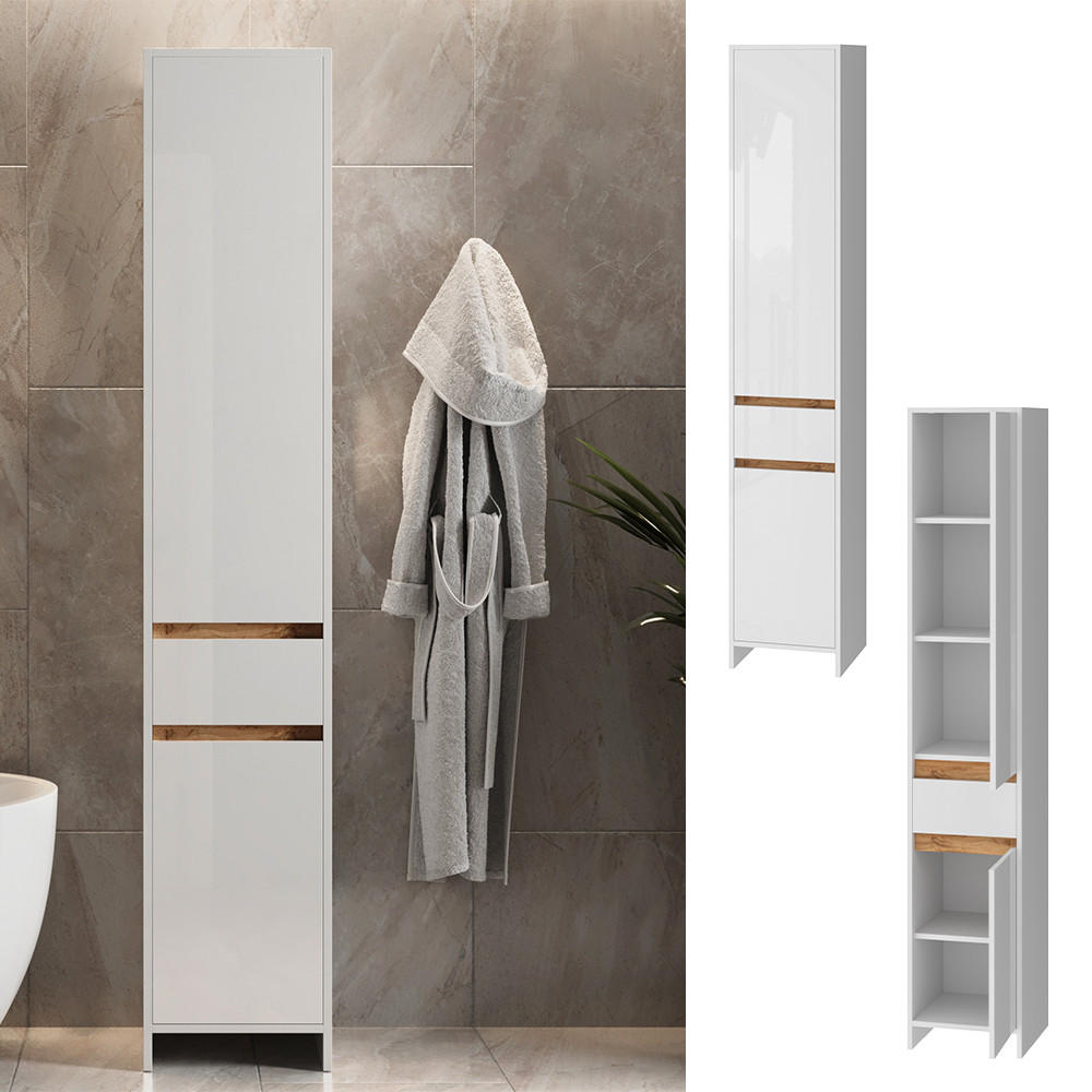 BADSCHRANK Detmold Weiß Hochglanz/Goldkraft Eiche 35 x 190 cm - Honigeiche/Weiß Hochglanz, Holzwerkstoff (35/190/35cm) - Vicco