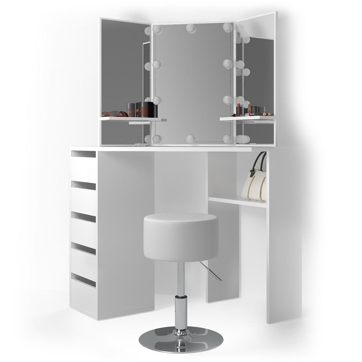 ECKSCHMINKTISCH Arielle Weiß 110 cm mit Hocker - Weiß, Holzwerkstoff (110/141.5/54cm) - Vicco