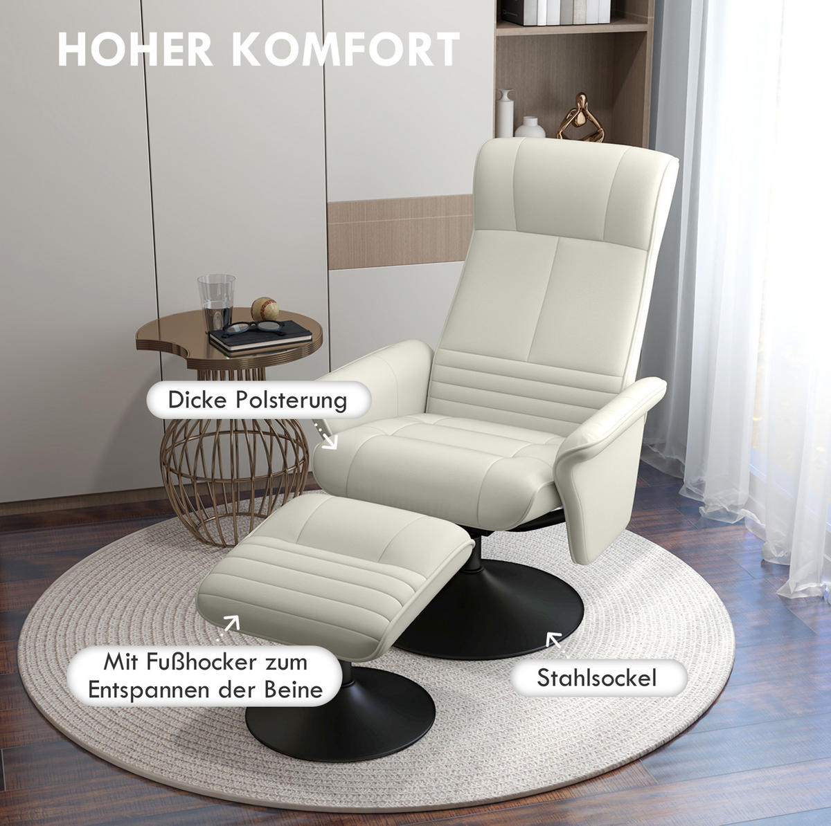 RELAXSESSEL 69/71/104 cm cremeweiß aus Polyester drehbar mit Hocker - Creme, Textil (71/104/69cm) - OKWISH