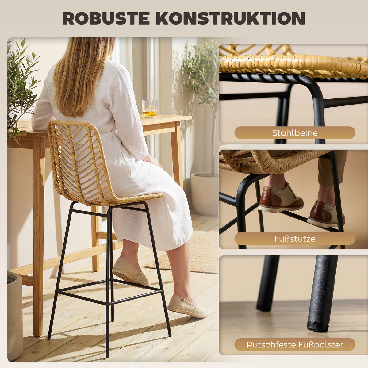 BARHOCKER 2er-Set DE-08018 Boho-Design, PE-Rattan, mit Fußstütze Gelb - Gelb, Metall (52/102/42.5cm) - ComfortXL