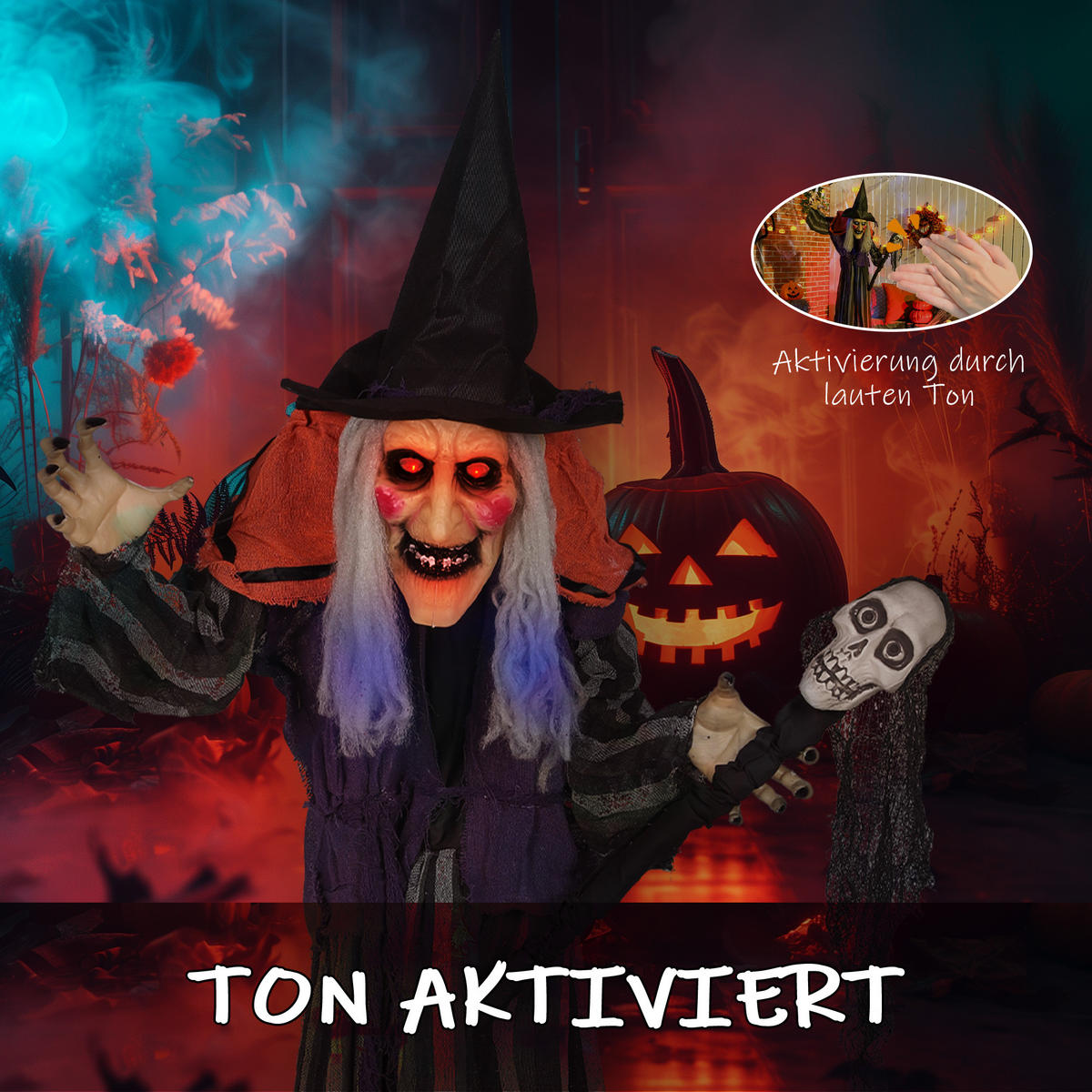 HALLOWEEN-DEKORATION Hexe 160 cm mit LED-Lichter Soundfunktion - Orange, Textil (20/160/70cm) - Outsunny