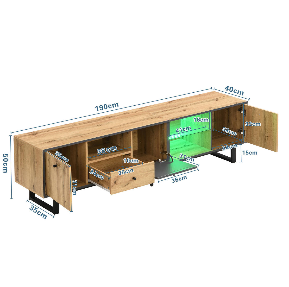 TV-LOWBOARD in Holz/Anthrazit mit LED und Glasböden 190/40/50 cm - Eichefarben, Holzwerkstoff (190/50/40cm) - Redom