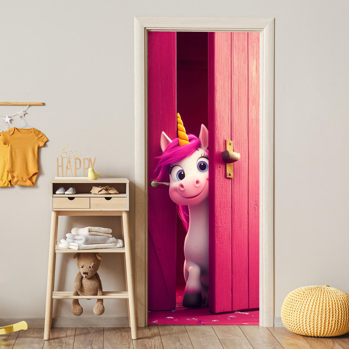 FOTOTAPETE Tür - Einhorn - Rosa - Tür - Fantasie 95x235 cm - Pink, Kunststoff (95/0.1cm) - MuchoWow