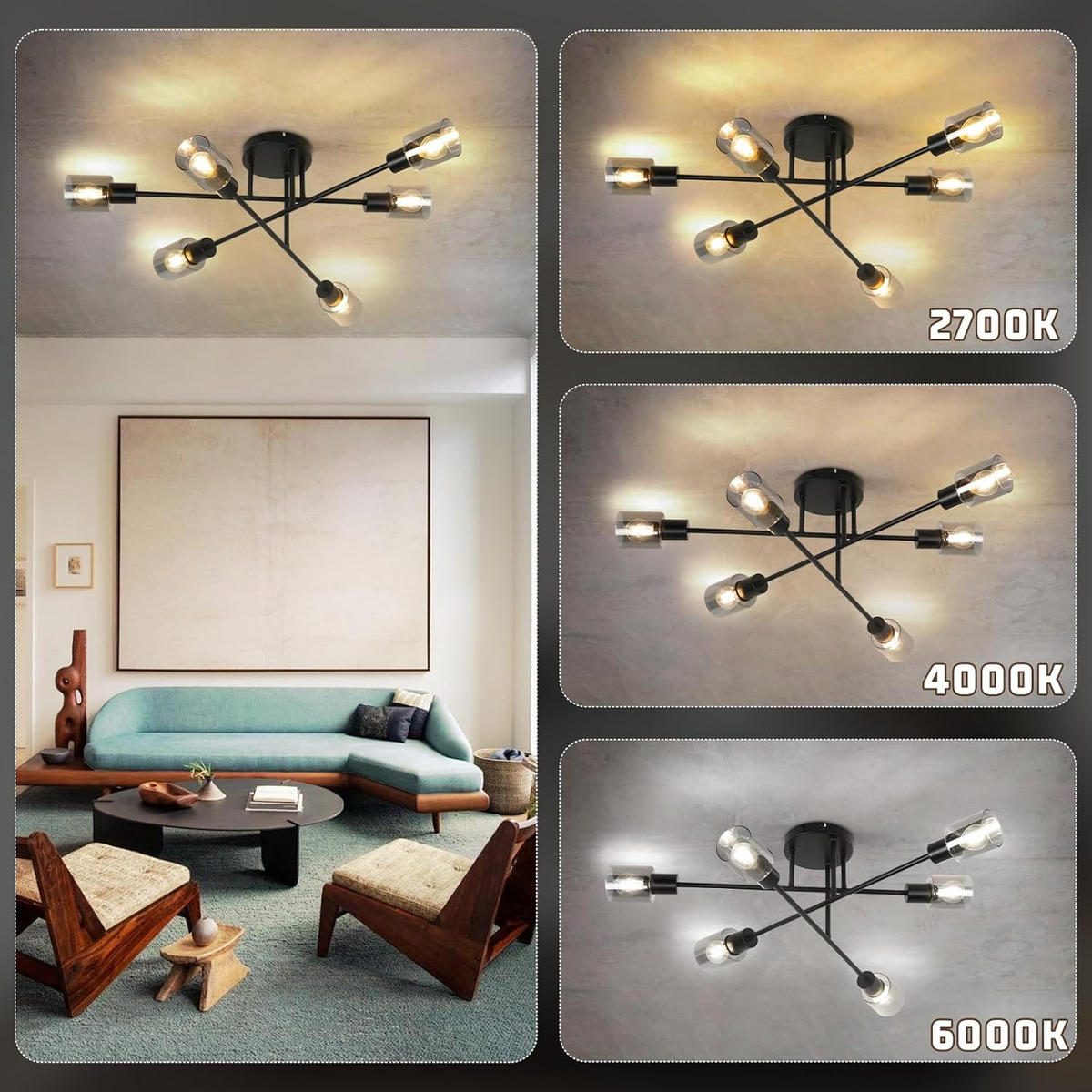 DECKENSTRAHLER Kerzia 24.5/15/74.2 cm - Schwarz, Metall (74.2/24.5/15cm) - ZMH