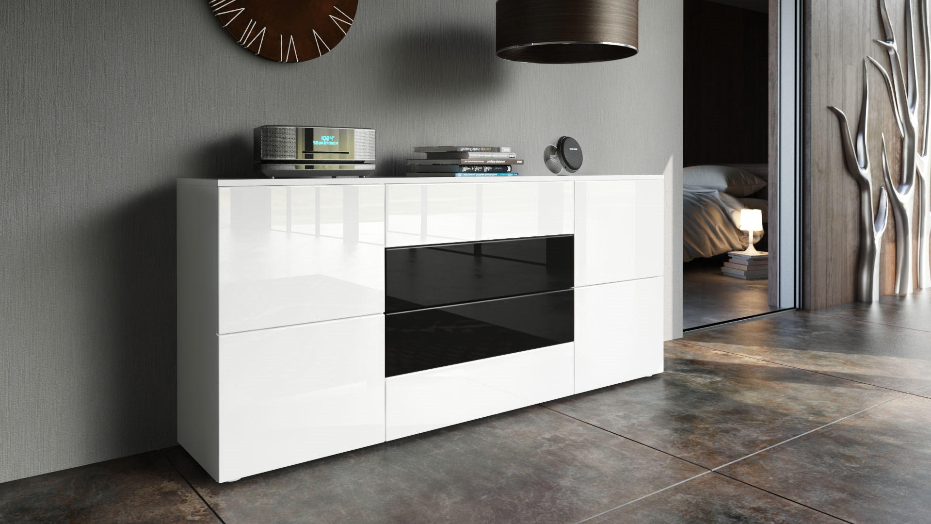 SIDEBOARD Rova Weiß Hochglanz / Schwarz Hochglanz - Weiß Hochglanz, Holzwerkstoff (166/72/35cm) - Vladon