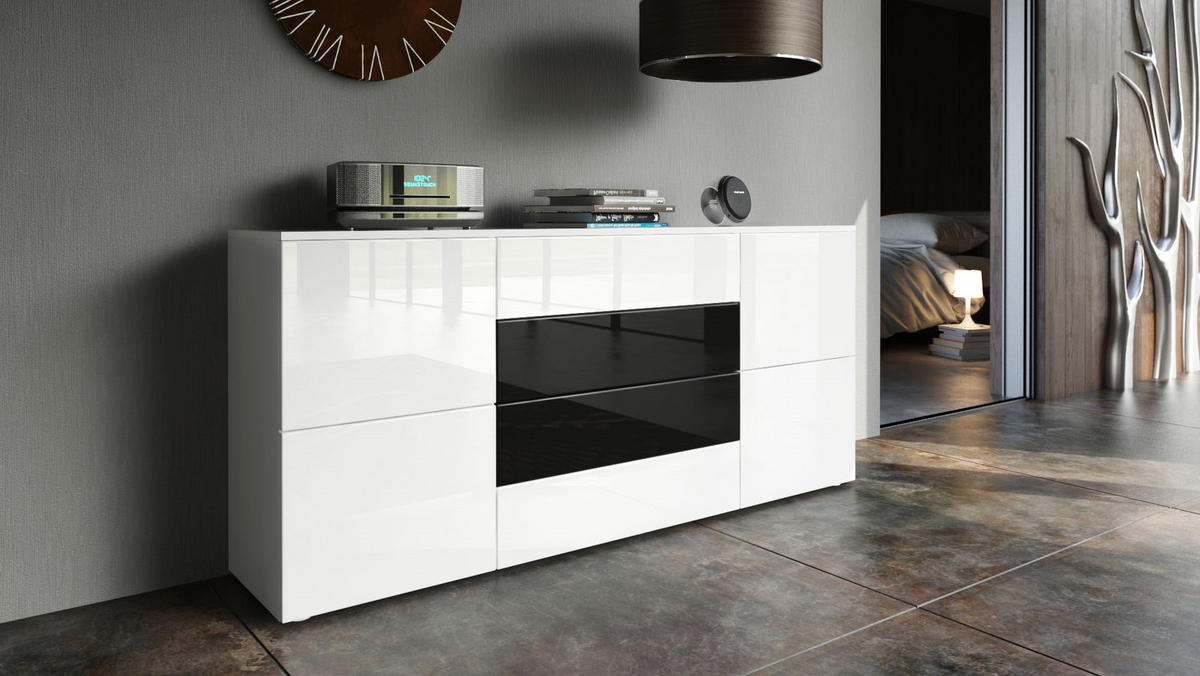 SIDEBOARD Rova Weiß Hochglanz / Schwarz Hochglanz - Weiß Hochglanz, Holzwerkstoff (166/72/35cm) - Vladon