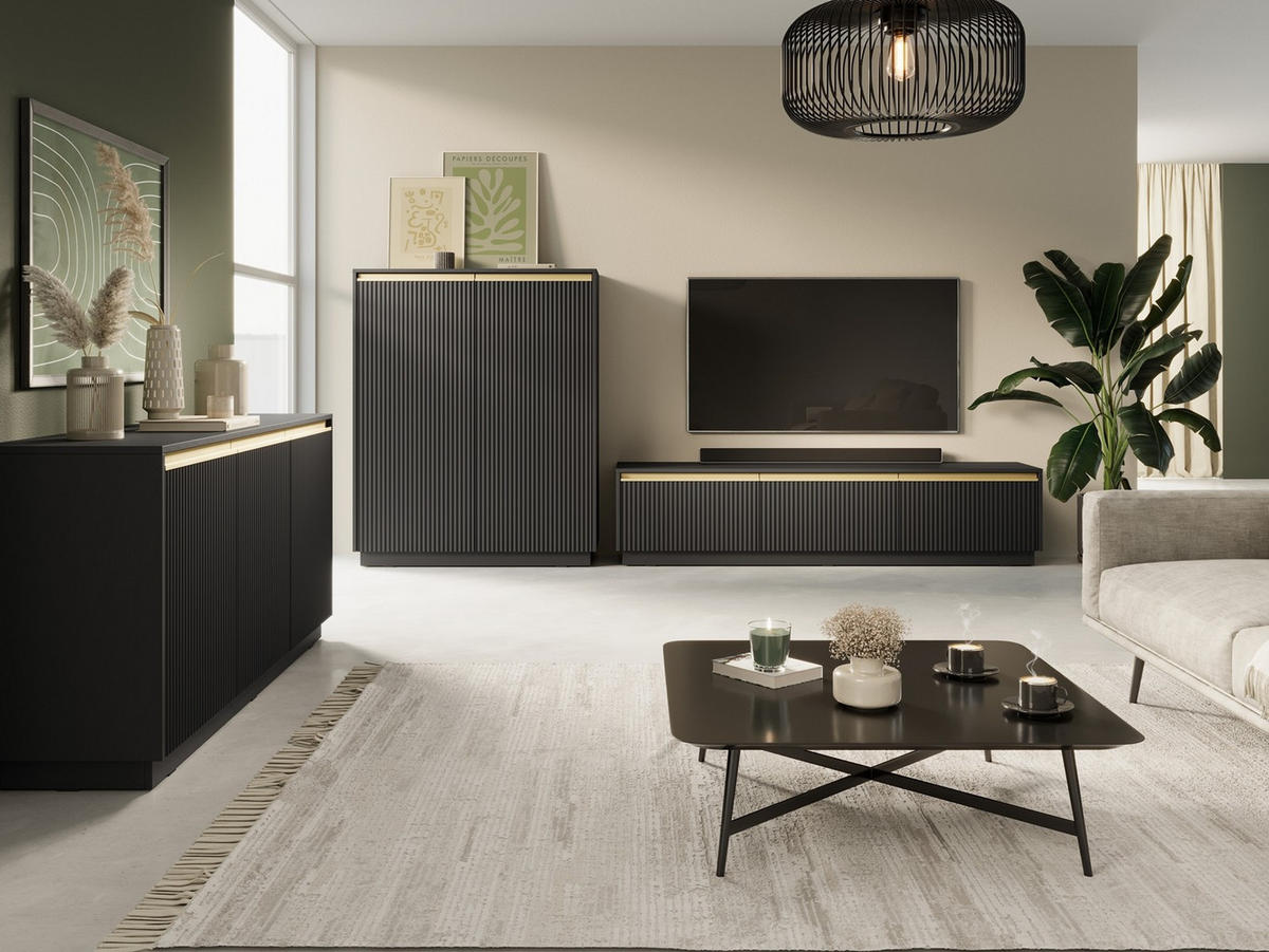 KOMMODE Roy 104 Schwarz, mit geriffelter Front - Schwarz, Holzwerkstoff (104/72/39cm) - Bettso