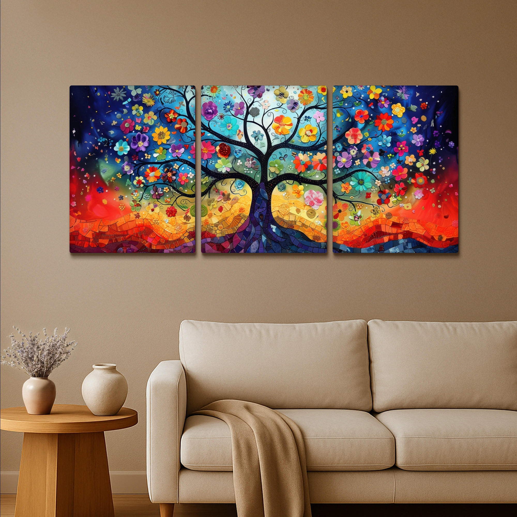 LEINWANDBILD 3er Set Bunt - Baum des Lebens - Blumen - Abstrakt 180x80 cm - Blau, Textil (180/80cm) - MuchoWow