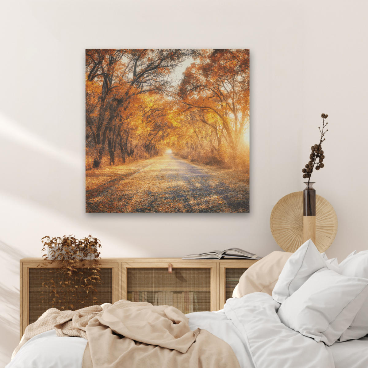 AKUSTIKBILD Wald - Herbst - Bäume - Waldweg - Natur Akustikpaneele 80x80 cm - Bernsteinfarben, Kunststoff (80/80/0.9cm) - MuchoWow