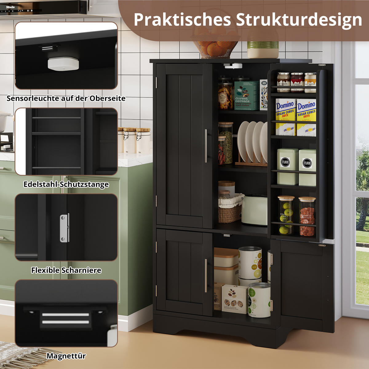 BUFFET Aufbewahrungsschrank 120x60x40cm Schwarz mit LED Licht & Wellentüren - Schwarz, Holzwerkstoff (40/120/60cm) - Modfu