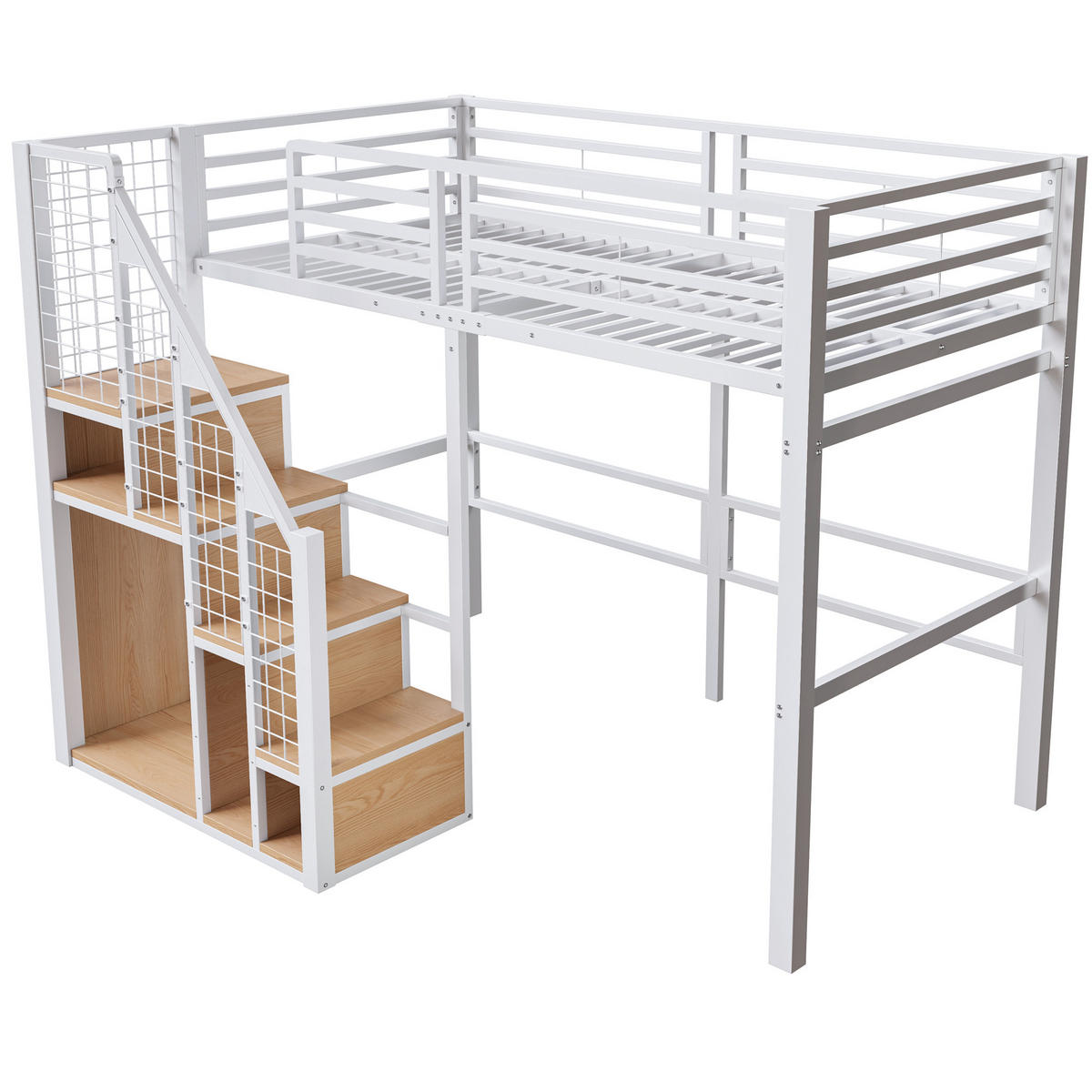 HOCHBETT aus Metall 90x200 cm in Weiß mit Treppe & Stauraum - Weiß, Metall (90/200cm) - Modfu