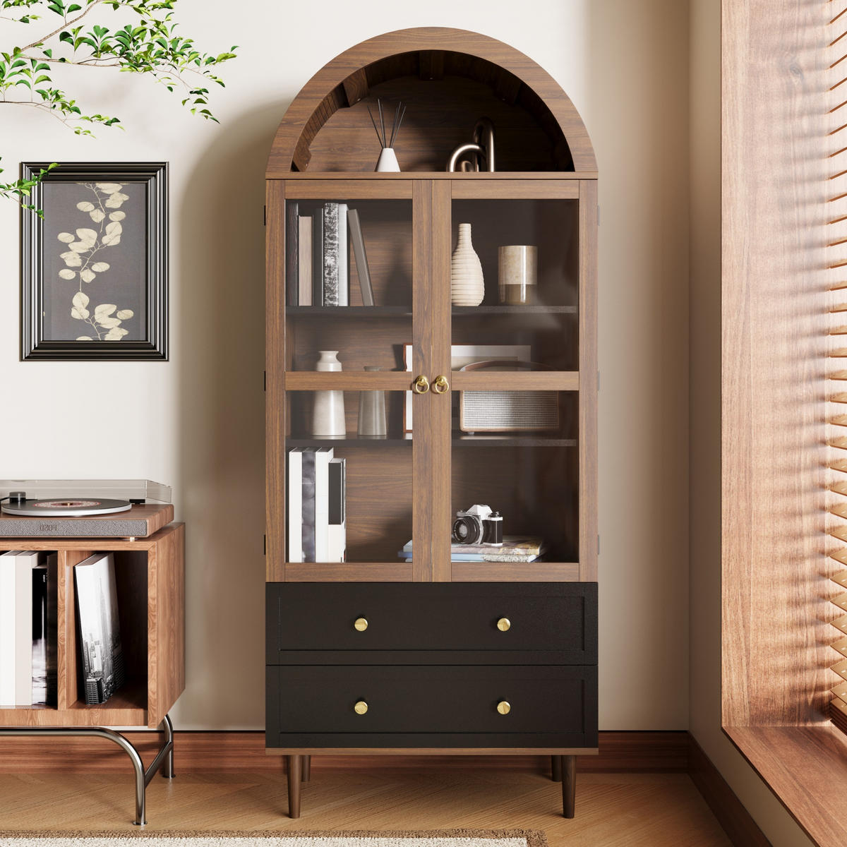 HIGHBOARD mit Glastüren und Rundbogen, Retro Mehrzweckschrank 70x38x168cm - Goldfarben/Walnussfarben, Holz/Metall (70/168/38cm) - LVHOM