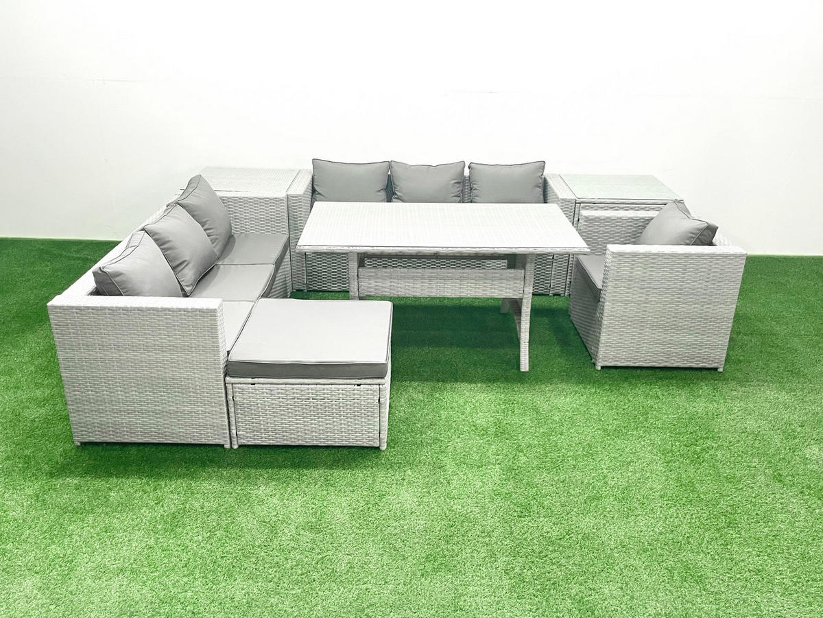 GARTENMÖBEL SET mit 3-Sitzer-Sofa und Sessel, Esstisch,2 Beistelltischen,Großer Fußhocker Polyrattan Hellgrau 8-Sitzer - Hellgrau/Grau, Glas/Kunststoff - Fimous