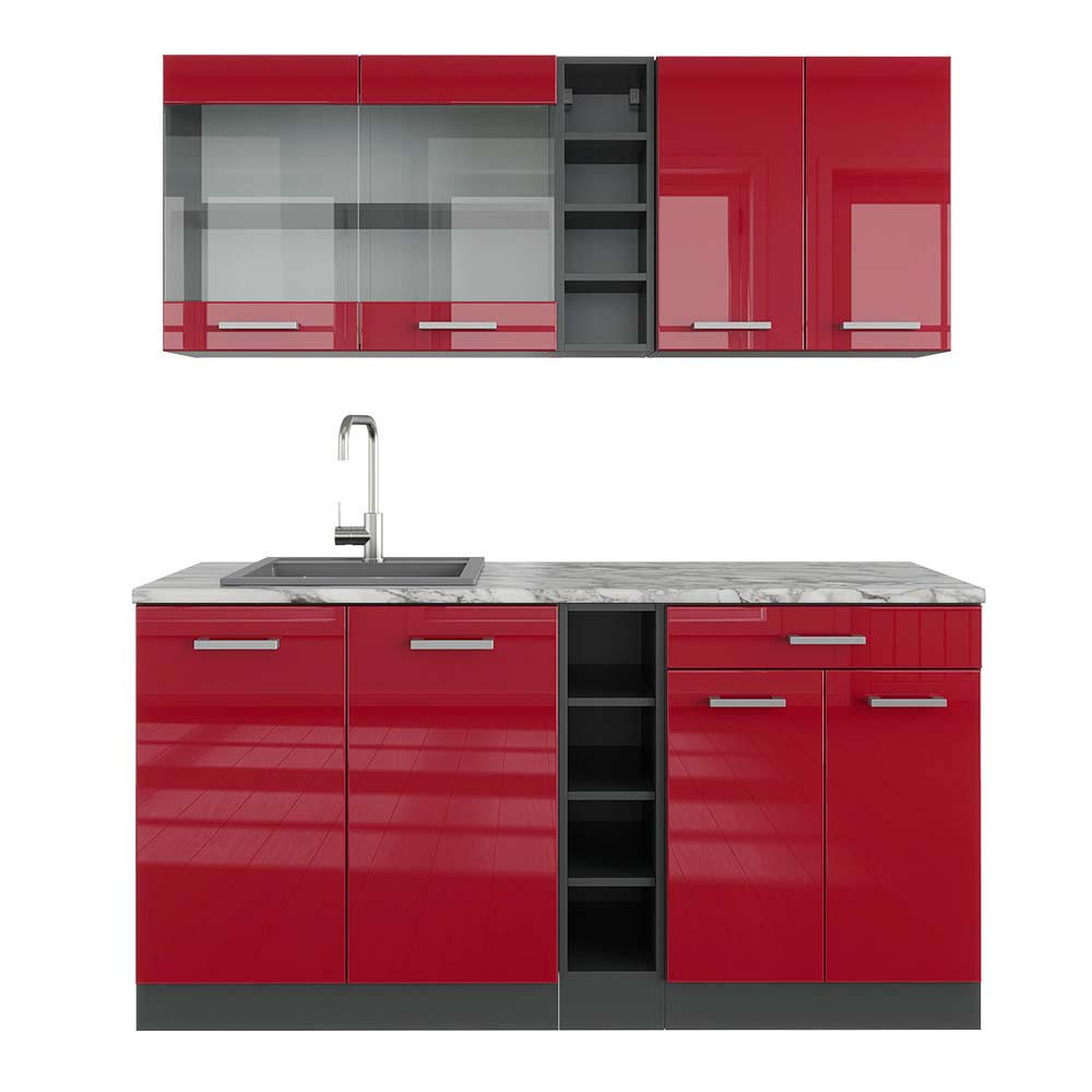 SINGLEKÜCHE R-Line Rot Hochglanz/Anthrazit 160 cm , AP Marmor - Anthrazit/Rot, Holzwerkstoff (160/81.6/60cm) - Vicco