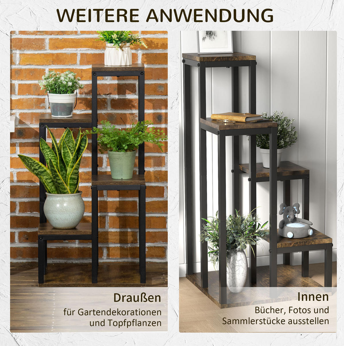 BLUMENTREPPE aus Metall & Spanplatte 40x40x81 cm in Braun mit 4 Ebenen - Braun, Metall (40/81/40cm) - Modfu