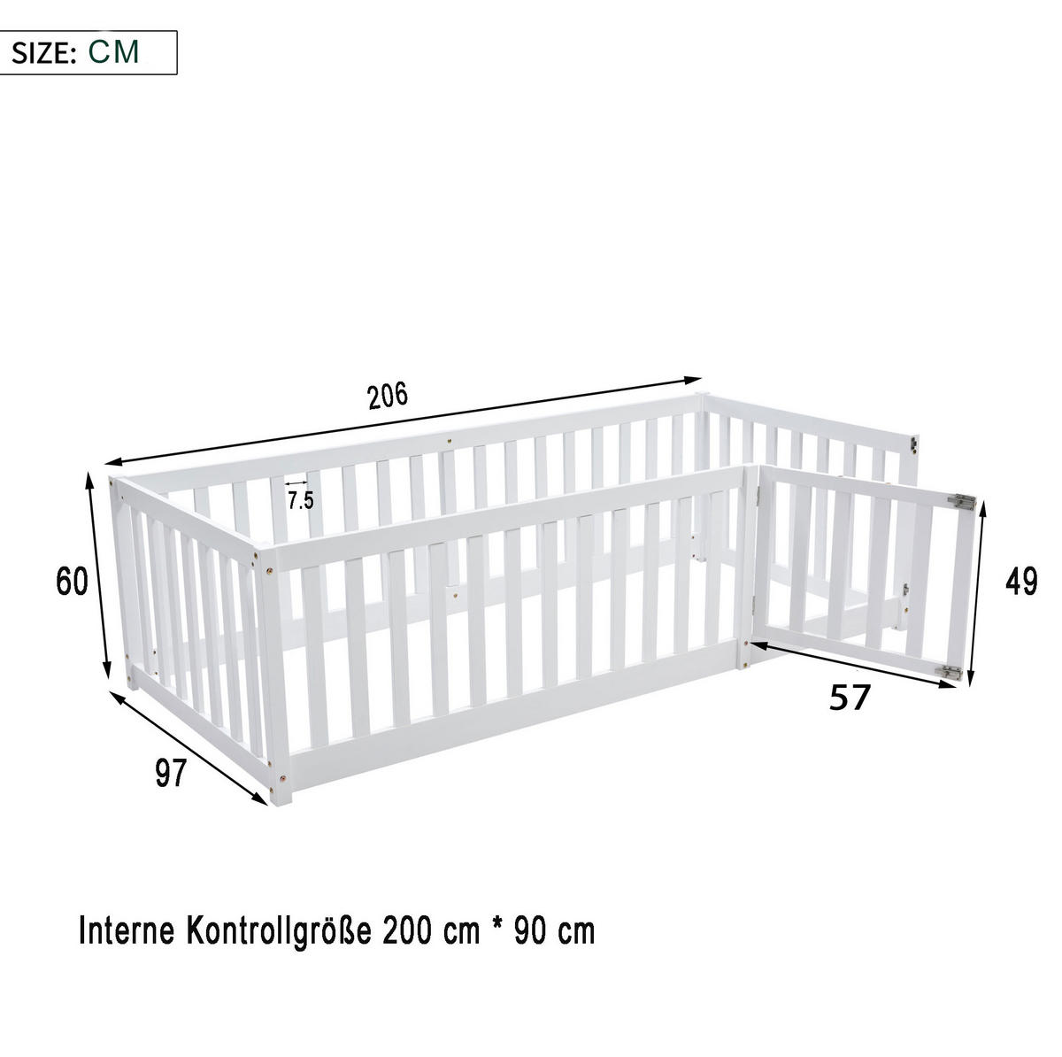 KINDERBODENBETT 90x200 cm in Weiß mit Zaun und Tür - Weiß, Holz (90/200cm) - IVMEU