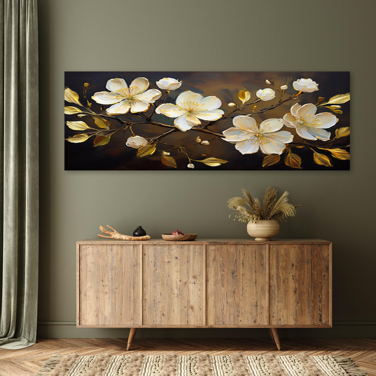WANDBILD weiße blumen auf einem zweig - Beige, Textil (90/30cm) - Feeby