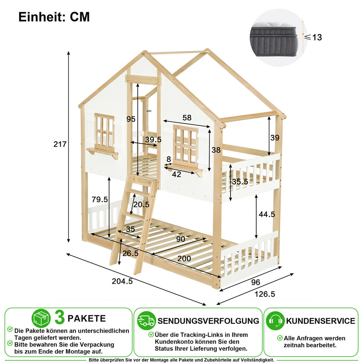 ETAGENBETT 90/200 cm & 90/200 cm in Weiß & Natur mit Dach, Fenster und Leiter - Weiß/Naturfarben, Holz/Holzwerkstoff (90/200cm) - CHICFURN