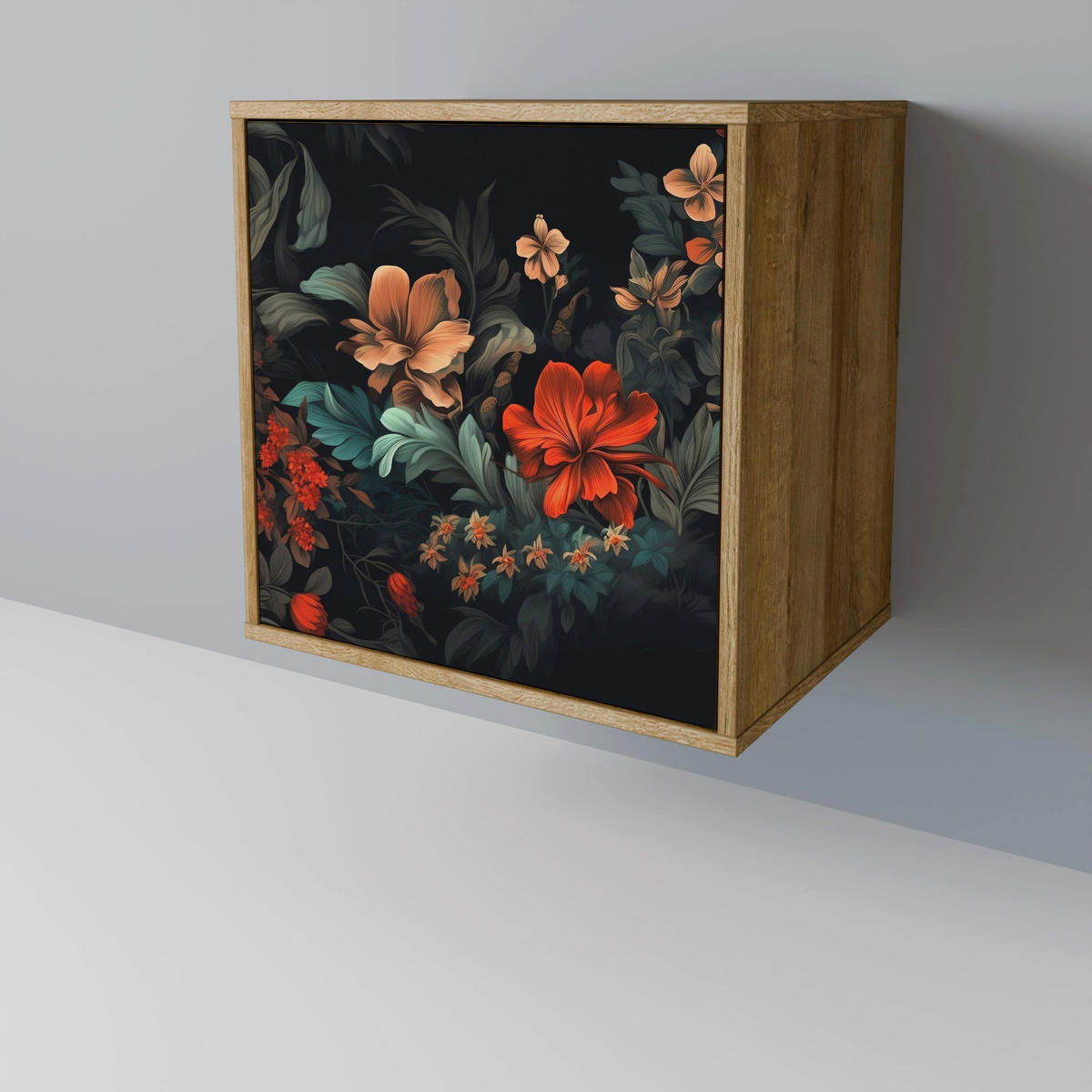 SIDEBOARD IMAGINARY BLOSSOM, Eichefarben, 57,5x42x70,5 cm, Schwarze Metall-Sternfüße - Eichefarben/Multicolor, Holzwerkstoff/Metall (57.5/70.5/42cm) - SpaceRebels
