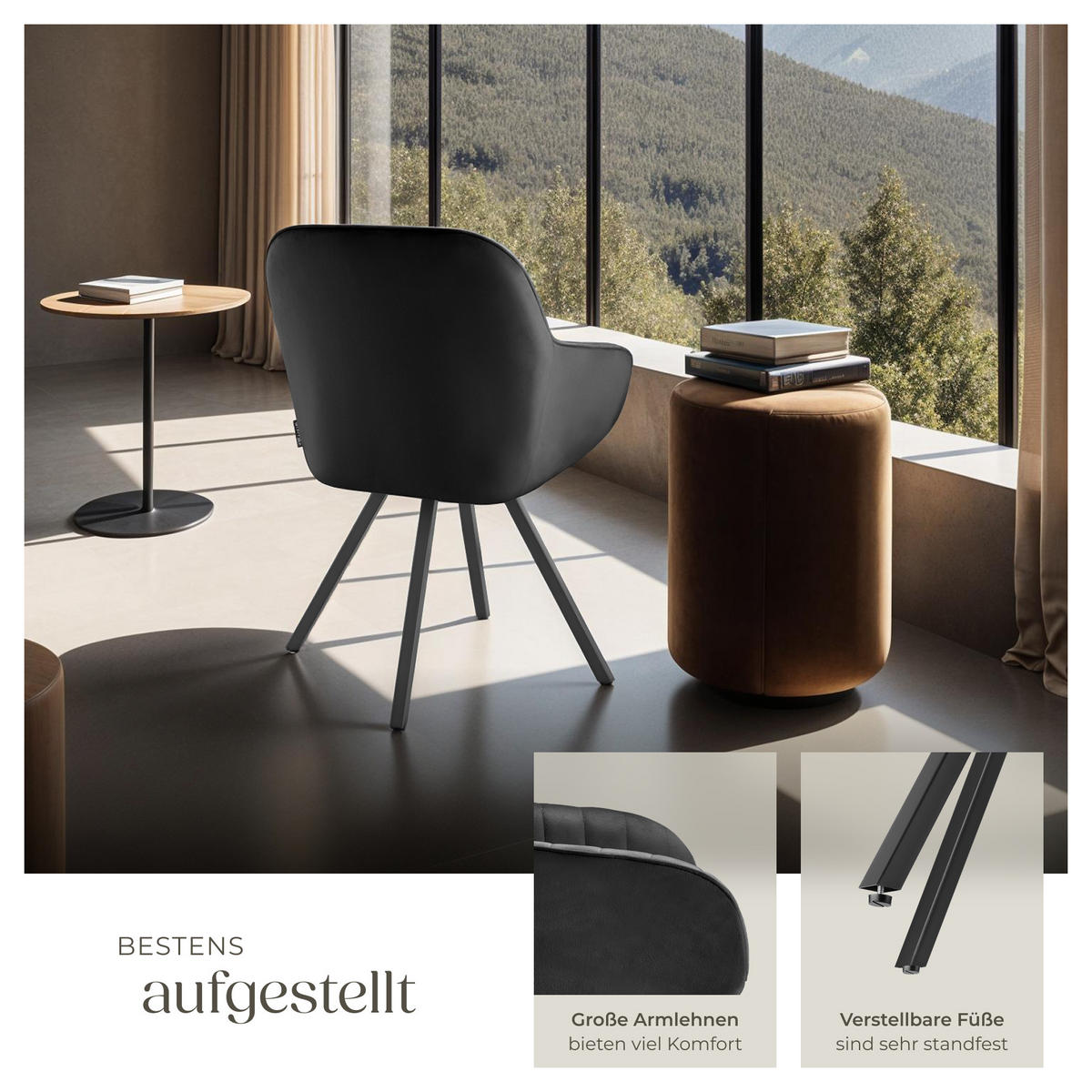 ARMLEHNSTUHL drehbarer 4er Set Snug 58 x 58 x 82 cm schwarz - Schwarz, Textil (58/82/58cm) - tectake