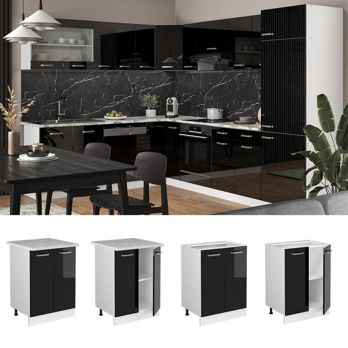KÜCHENUNTERSCHRANK R-Line Schwarz Hochglanz 60 cm, AP Eiche - Schwarz Hochglanz/Schwarz, Holzwerkstoff (60/81.6/60cm) - Vicco