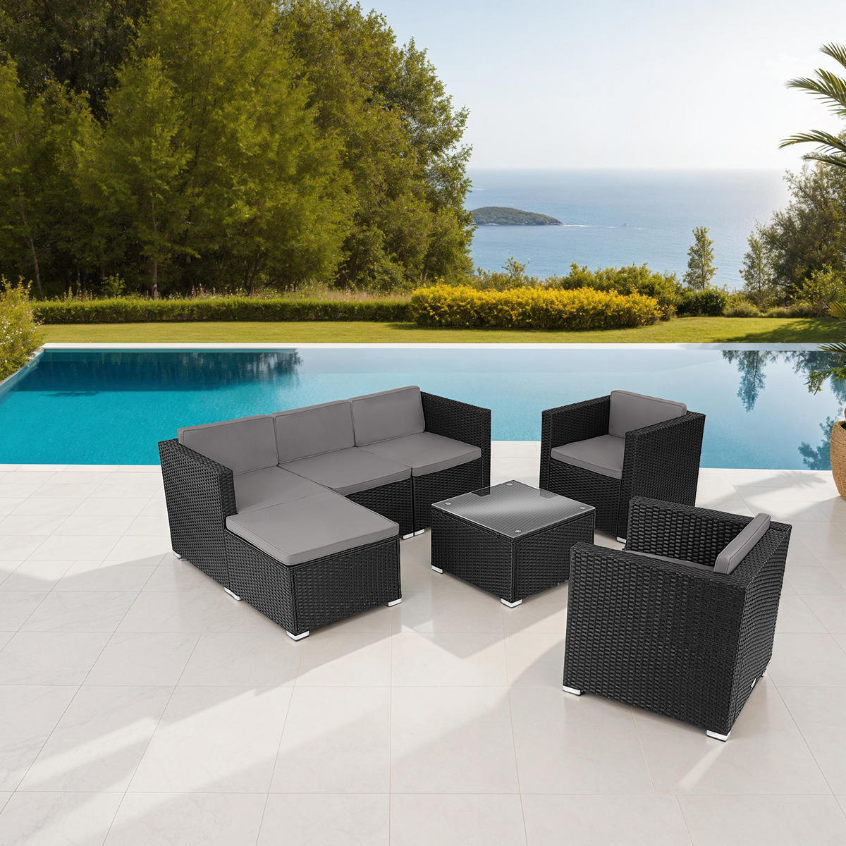 RATTANLOUNGE Lignano,variabel aufstellbar,schwarz - Schwarz, Kunststoff - tectake